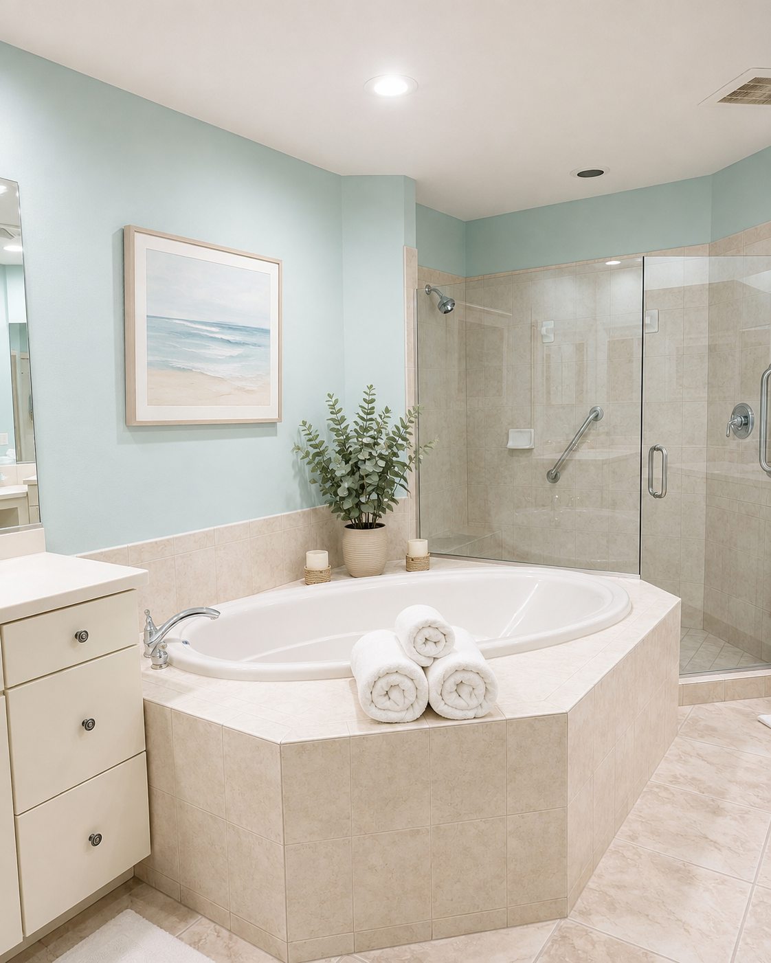 Spotless bathroom with a polished corner tub, streak-free glass shower, and rolled towels